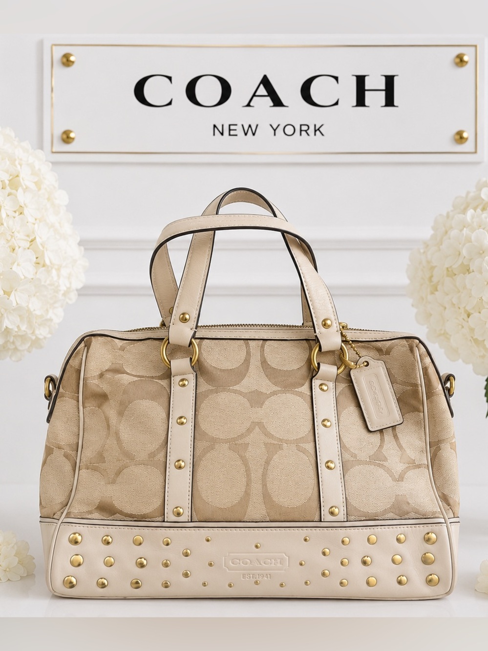 Coach Beige Signature Canvas Tote with Gold Studs